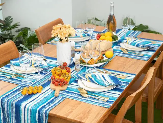Alt view image 3 of 7 - YiHomer Indoor Outdoor Tabletop for Spring Summer Decorations, Picnics and Dinner Parties - Stain and Water Resistant, Crayon Art (Ocean), Table Runner, 14 x 72