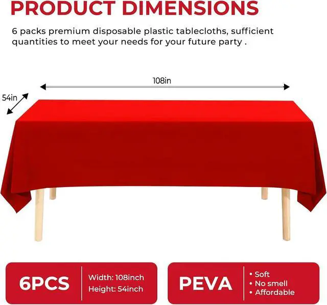 Alt view image 2 of 6 - 6 Pack Premium Disposable Plastic Tablecloth 54" x 108" Party Table Cloths Disposable for 6 to 8 Foot Tables Indoor or Outdoor Parties Birthdays Weddings Christmas Anniversary Buffet Table (Red)