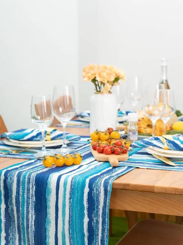 Alt view image 5 of 7 - YiHomer Indoor Outdoor Tabletop for Spring Summer Decorations, Picnics and Dinner Parties - Stain and Water Resistant, Crayon Art (Ocean), Table Runner, 14 x 72