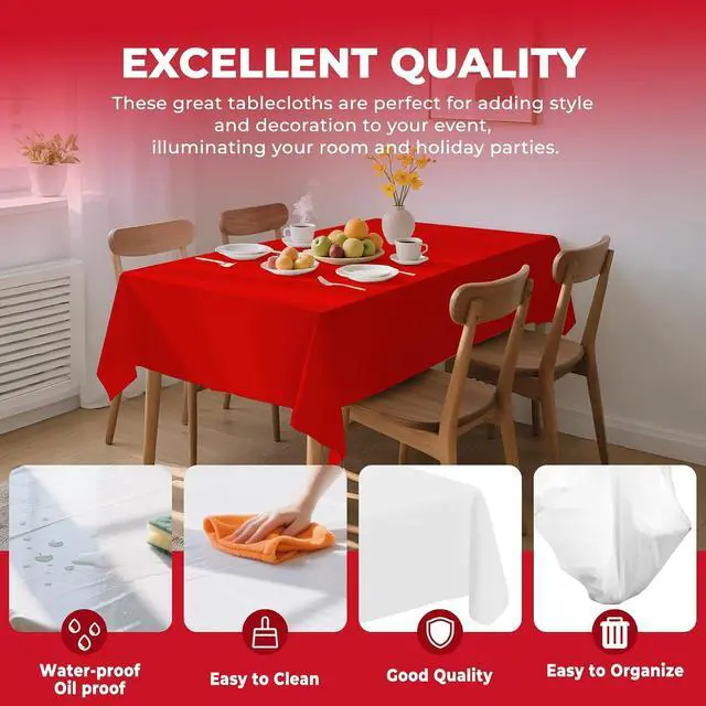 Alt view image 4 of 6 - 6 Pack Premium Disposable Plastic Tablecloth 54" x 108" Party Table Cloths Disposable for 6 to 8 Foot Tables Indoor or Outdoor Parties Birthdays Weddings Christmas Anniversary Buffet Table (Red)