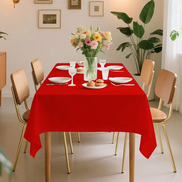 Alt view image 6 of 6 - 6 Pack Premium Disposable Plastic Tablecloth 54" x 108" Party Table Cloths Disposable for 6 to 8 Foot Tables Indoor or Outdoor Parties Birthdays Weddings Christmas Anniversary Buffet Table (Red)