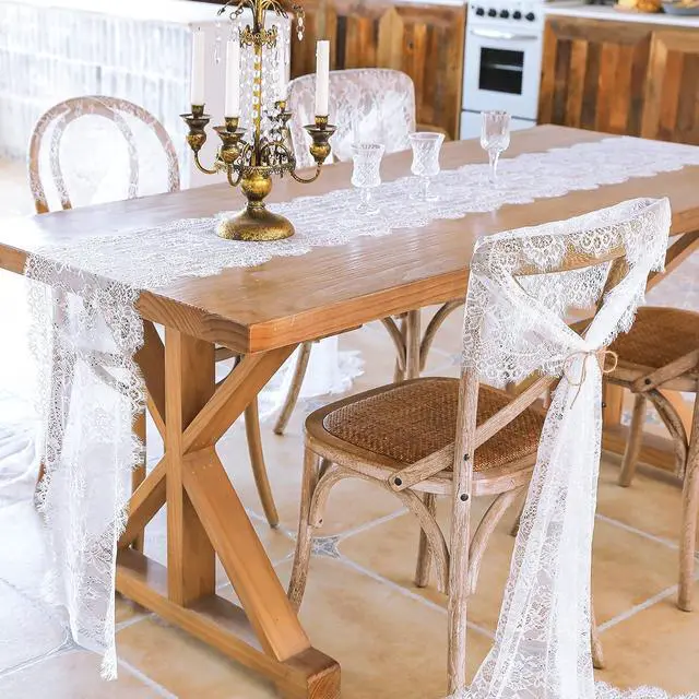 Alt view image 2 of 7 - 1 Pcs White Lace Table Runner 14 x 120 Inch Vintage Rustic Table Runner for Wedding Bridal Shower Baby Shower Party Decorations Embroidered Boho Lace Table Cloth Runners
