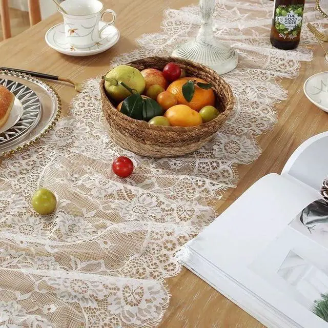 Alt view image 6 of 7 - 1 Pcs White Lace Table Runner 14 x 120 Inch Vintage Rustic Table Runner for Wedding Bridal Shower Baby Shower Party Decorations Embroidered Boho Lace Table Cloth Runners