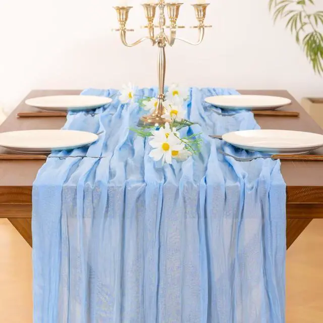 Alt view image 5 of 6 - Blue Cheesecloth Table Runner Fall Boho Wedding Birthday Party Home Decor | Blue Rustic Gauze 10FT 120in Cheese Cloth Sheer Farmhouse Dining Runner for Baby Shower Bridal Holiday Decorations