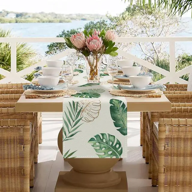 Alt view image 2 of 6 - Bonhause Tropical Palm Leaves Monstera Table Runner 13x72 Inch Summer Green Plant Kitchen Dinning Table Decoration for Indoor Outdoor Home Party Decor
