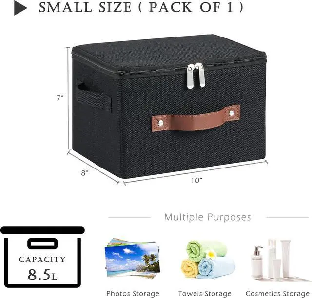 Alt view image 3 of 7 - Storage Bins with Zipper Lids Decorative Lidded Baskets Boxes | Clothes Container, Closet Shelf Organizer, Foldable Washable, Cotton Linen Fabric, w/ PU Leather Handles, Black, Small