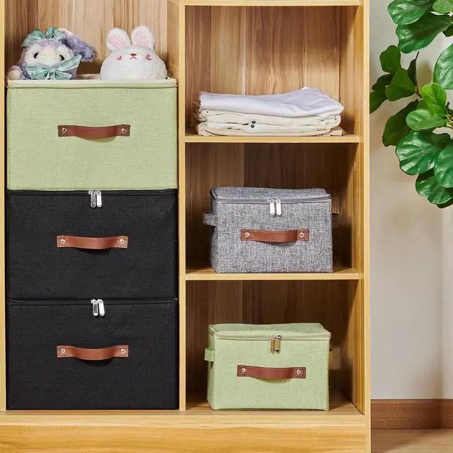 Alt view image 5 of 7 - Storage Bins with Zipper Lids Decorative Lidded Baskets Boxes | Clothes Container, Closet Shelf Organizer, Foldable Washable, Cotton Linen Fabric, w/ PU Leather Handles, Black, Small