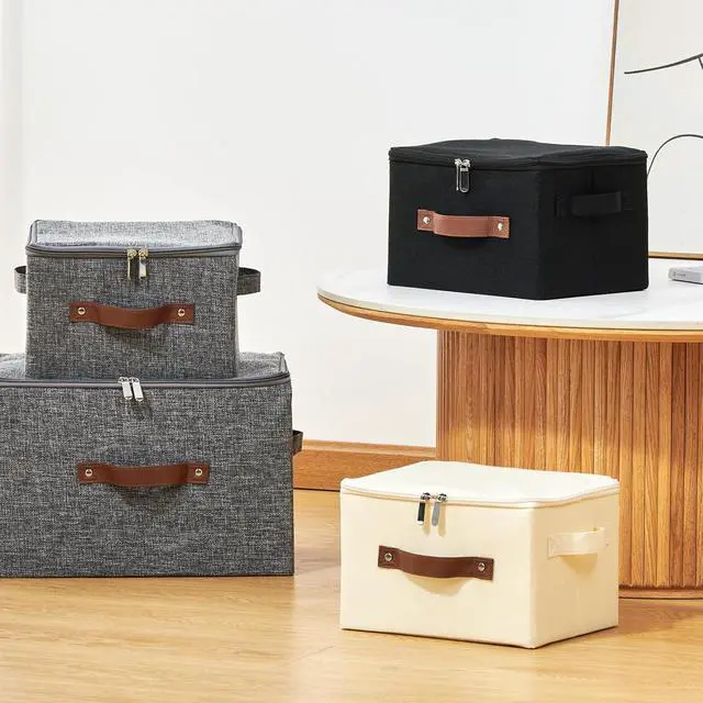 Alt view image 6 of 7 - Storage Bins with Zipper Lids Decorative Lidded Baskets Boxes | Clothes Container, Closet Shelf Organizer, Foldable Washable, Cotton Linen Fabric, w/ PU Leather Handles, Black, Small