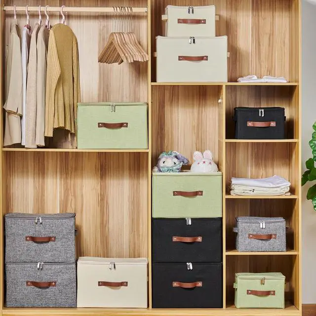 Alt view image 7 of 7 - Storage Bins with Zipper Lids Decorative Lidded Baskets Boxes | Clothes Container, Closet Shelf Organizer, Foldable Washable, Cotton Linen Fabric, w/ PU Leather Handles, Black, Small