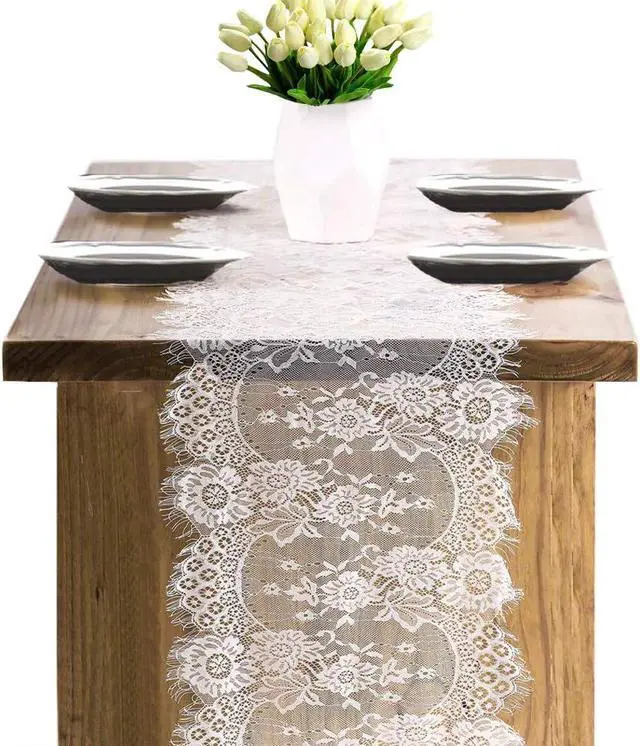 Alt view image 7 of 7 - 2 Pcs White Lace Table Runner 14 x 120 Inch Vintage Table Runner for Wedding Bridal Shower Baby Shower Party Table Decoration Rustic Rose Embroidered Boho Lace Runners