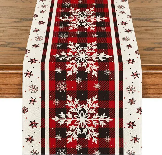 Main image of Artoid Mode Snowflakes Christmas Table Runner Home Party Decor 13x72 Inch | Red And Black Buffalo Plaid, Winter Holiday Seasonal Kitchen Dining Table Decoration