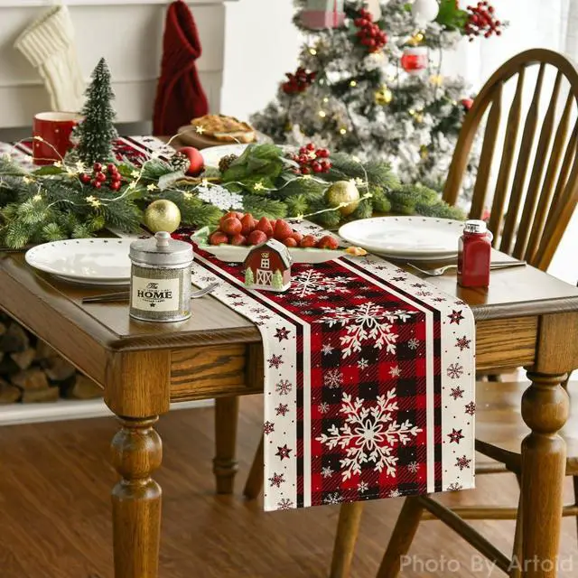 Alt view image 2 of 7 - Artoid Mode Snowflakes Christmas Table Runner Home Party Decor 13x72 Inch | Red And Black Buffalo Plaid, Winter Holiday Seasonal Kitchen Dining Table Decoration