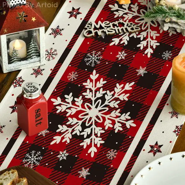 Alt view image 3 of 7 - Artoid Mode Snowflakes Christmas Table Runner Home Party Decor 13x72 Inch | Red And Black Buffalo Plaid, Winter Holiday Seasonal Kitchen Dining Table Decoration