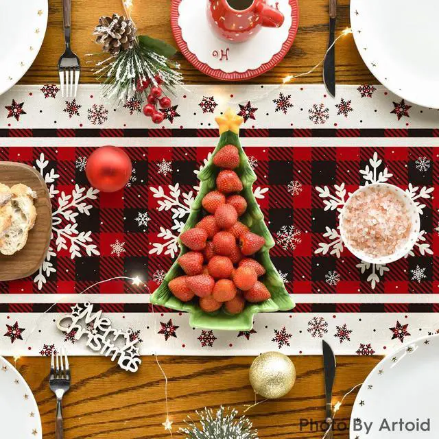 Alt view image 4 of 7 - Artoid Mode Snowflakes Christmas Table Runner Home Party Decor 13x72 Inch | Red And Black Buffalo Plaid, Winter Holiday Seasonal Kitchen Dining Table Decoration