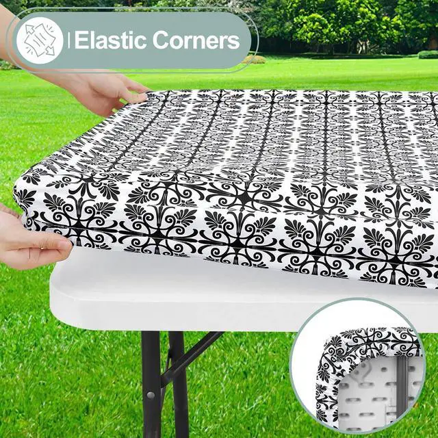 Alt view image 2 of 7 - misaya Rectangle Vinyl Table Cloth, Elastic Fitted Flannel Backed Tablecloth, Waterproof Plastic Table Cover Fits 4 Foot Folding Tables for Picnic, Camping, Outdoor (Black, 24" x 48")