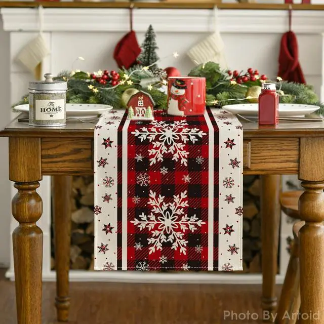 Alt view image 7 of 7 - Artoid Mode Snowflakes Christmas Table Runner Home Party Decor 13x72 Inch | Red And Black Buffalo Plaid, Winter Holiday Seasonal Kitchen Dining Table Decoration