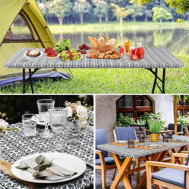 Alt view image 6 of 7 - misaya Rectangle Vinyl Table Cloth, Elastic Fitted Flannel Backed Tablecloth, Waterproof Plastic Table Cover Fits 4 Foot Folding Tables for Picnic, Camping, Outdoor (Black, 24" x 48")