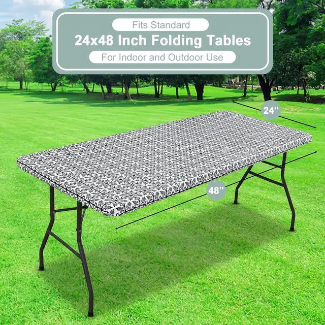 Alt view image 7 of 7 - misaya Rectangle Vinyl Table Cloth, Elastic Fitted Flannel Backed Tablecloth, Waterproof Plastic Table Cover Fits 4 Foot Folding Tables for Picnic, Camping, Outdoor (Black, 24" x 48")