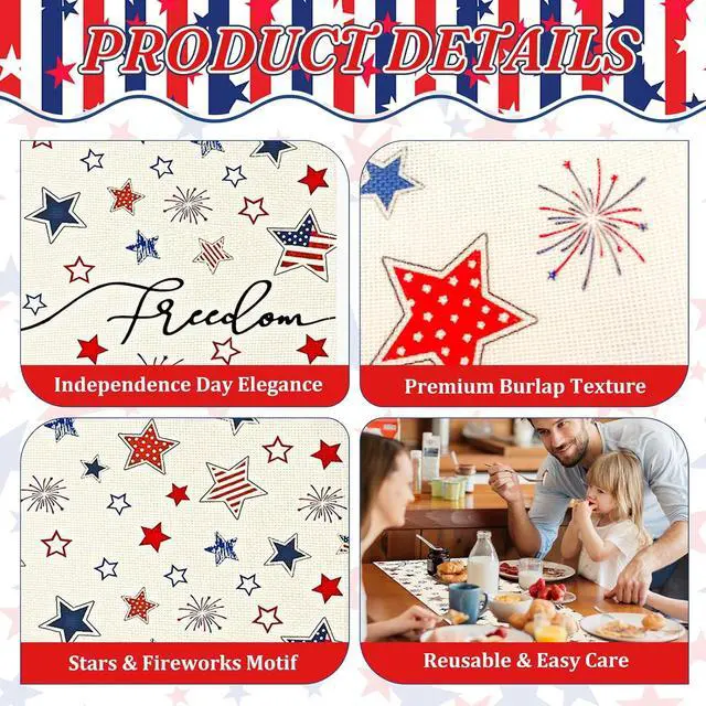 Alt view image 3 of 7 - 72 x 13 Inches Freedom Stars Table Runner, Red White Blue Stars and Fireworks Design for Independence Day, 4th of July, Patriotic Celebrations, Summer Party Decorations, Festive Dining Table Decor