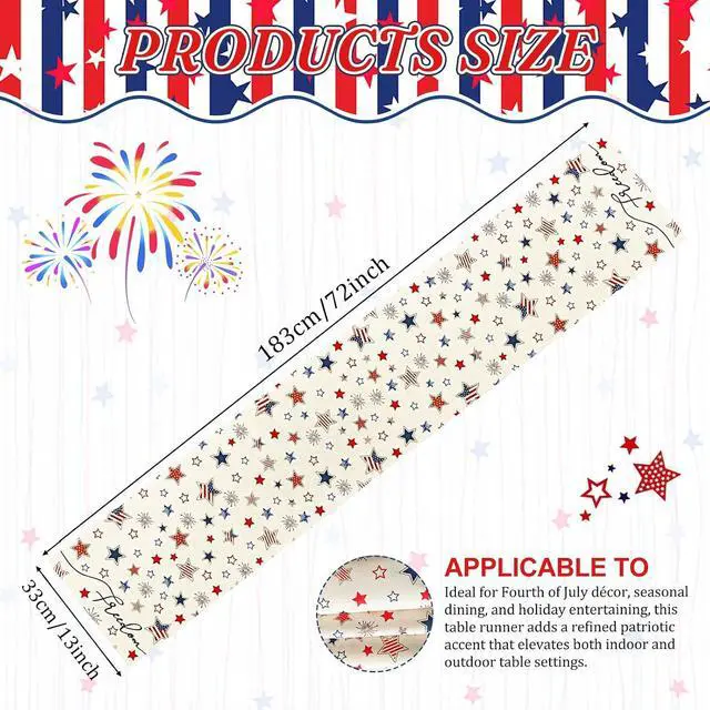 Alt view image 2 of 7 - 72 x 13 Inches Freedom Stars Table Runner, Red White Blue Stars and Fireworks Design for Independence Day, 4th of July, Patriotic Celebrations, Summer Party Decorations, Festive Dining Table Decor