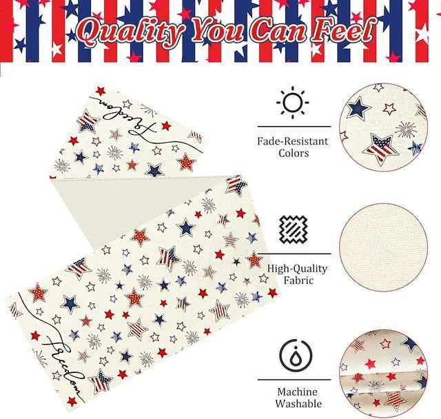 Alt view image 4 of 7 - 72 x 13 Inches Freedom Stars Table Runner, Red White Blue Stars and Fireworks Design for Independence Day, 4th of July, Patriotic Celebrations, Summer Party Decorations, Festive Dining Table Decor