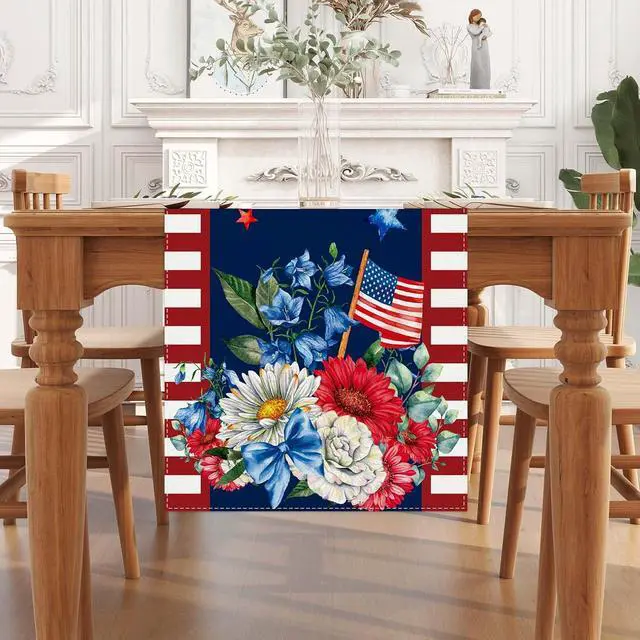 Alt view image 2 of 7 - Watercolor Red White and Blue American Flag Stars Table Runner 4th of July Memorial Day Veterans Day Patriotic Decoration and Supplies for Home 13x72 Inch