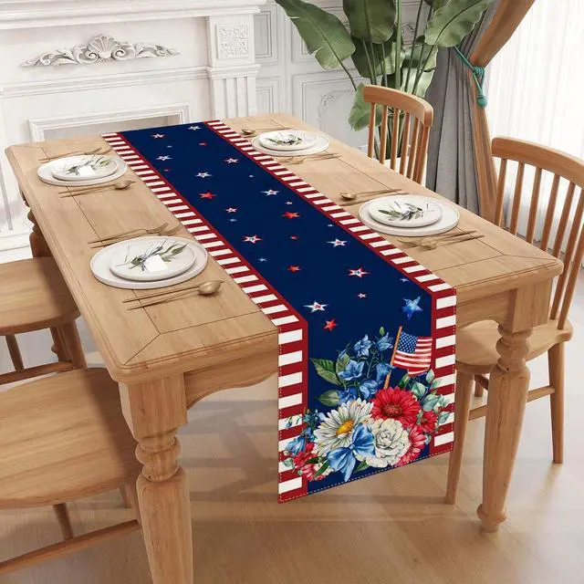 Alt view image 3 of 7 - Watercolor Red White and Blue American Flag Stars Table Runner 4th of July Memorial Day Veterans Day Patriotic Decoration and Supplies for Home 13x72 Inch