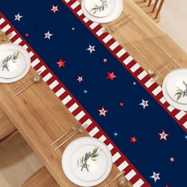 Alt view image 4 of 7 - Watercolor Red White and Blue American Flag Stars Table Runner 4th of July Memorial Day Veterans Day Patriotic Decoration and Supplies for Home 13x72 Inch