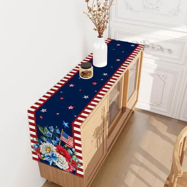 Alt view image 5 of 7 - Watercolor Red White and Blue American Flag Stars Table Runner 4th of July Memorial Day Veterans Day Patriotic Decoration and Supplies for Home 13x72 Inch