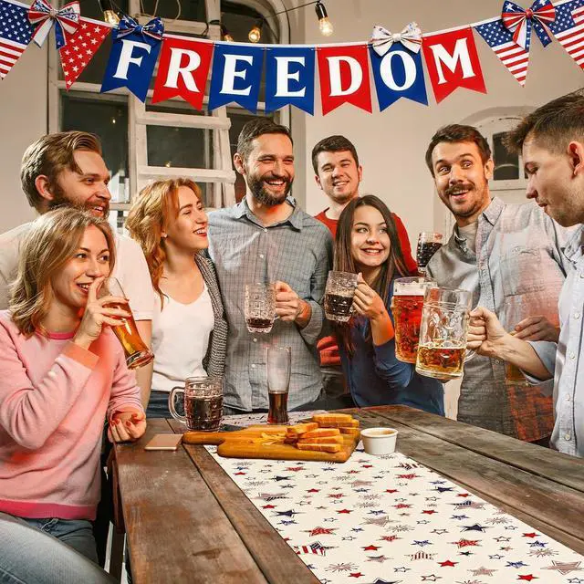 Alt view image 7 of 7 - 72 x 13 Inches Freedom Stars Table Runner, Red White Blue Stars and Fireworks Design for Independence Day, 4th of July, Patriotic Celebrations, Summer Party Decorations, Festive Dining Table Decor