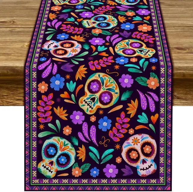 Main image of Dia De Los Muertos Table Runner Cinco de Mayo Rustic Linen Mexican Sugar Skull Day of The Dead Altar Decoration for Home Kitchen Dining Room (13" x 72")