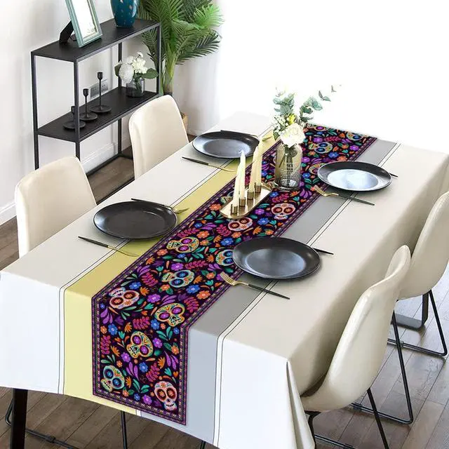 Alt view image 2 of 5 - Dia De Los Muertos Table Runner Cinco de Mayo Rustic Linen Mexican Sugar Skull Day of The Dead Altar Decoration for Home Kitchen Dining Room (13" x 72")