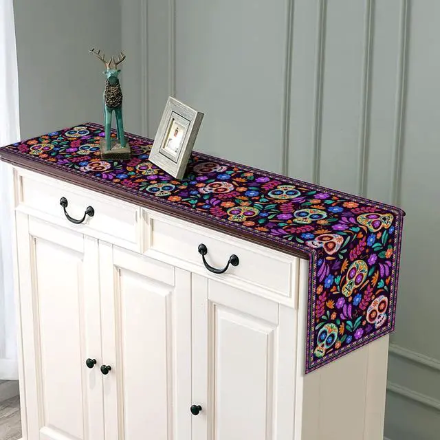 Alt view image 3 of 5 - Dia De Los Muertos Table Runner Cinco de Mayo Rustic Linen Mexican Sugar Skull Day of The Dead Altar Decoration for Home Kitchen Dining Room (13" x 72")
