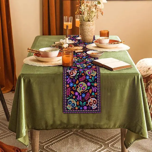 Alt view image 4 of 5 - Dia De Los Muertos Table Runner Cinco de Mayo Rustic Linen Mexican Sugar Skull Day of The Dead Altar Decoration for Home Kitchen Dining Room (13" x 72")