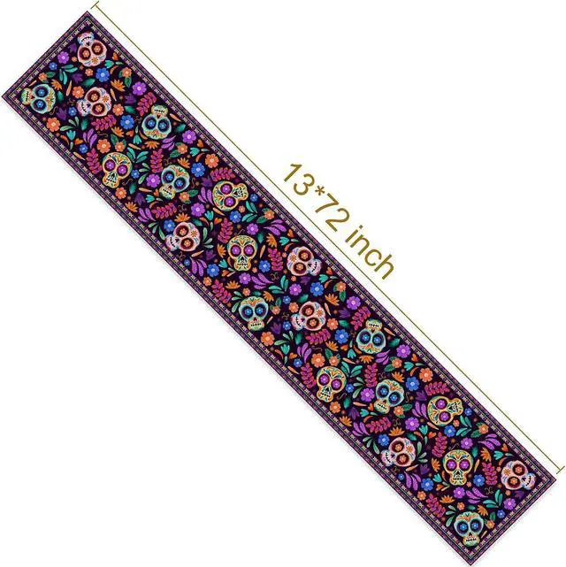 Alt view image 5 of 5 - Dia De Los Muertos Table Runner Cinco de Mayo Rustic Linen Mexican Sugar Skull Day of The Dead Altar Decoration for Home Kitchen Dining Room (13" x 72")