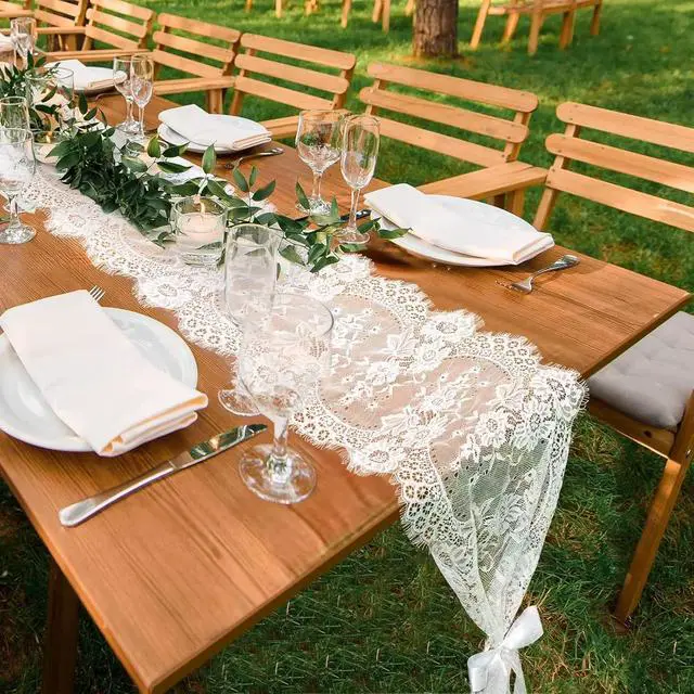 Alt view image 5 of 7 - 1 Pcs White Lace Table Runner 14 x 120 Inch Vintage Rustic Table Runner for Wedding Bridal Shower Baby Shower Party Decorations Embroidered Boho Lace Table Cloth Runners