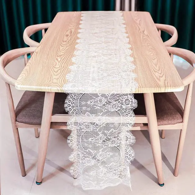 Alt view image 3 of 7 - 1 Pcs White Lace Table Runner 14 x 120 Inch Vintage Rustic Table Runner for Wedding Bridal Shower Baby Shower Party Decorations Embroidered Boho Lace Table Cloth Runners