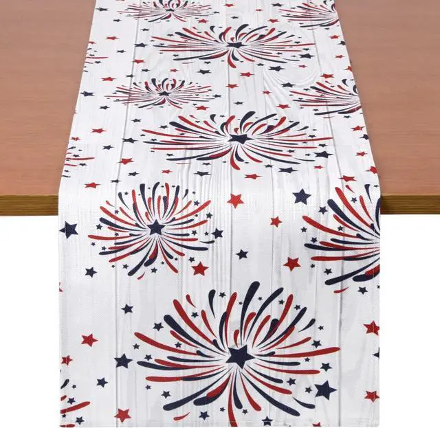Main image of Fireworks Table Runner 4th of July Patriotic Memorial Day Independence Day Holiday Kitchen Dining Table Decoration,Holiday Burlap Table Cover, 13 x 70 Inch, Americana Stars, Red, White, Blue.