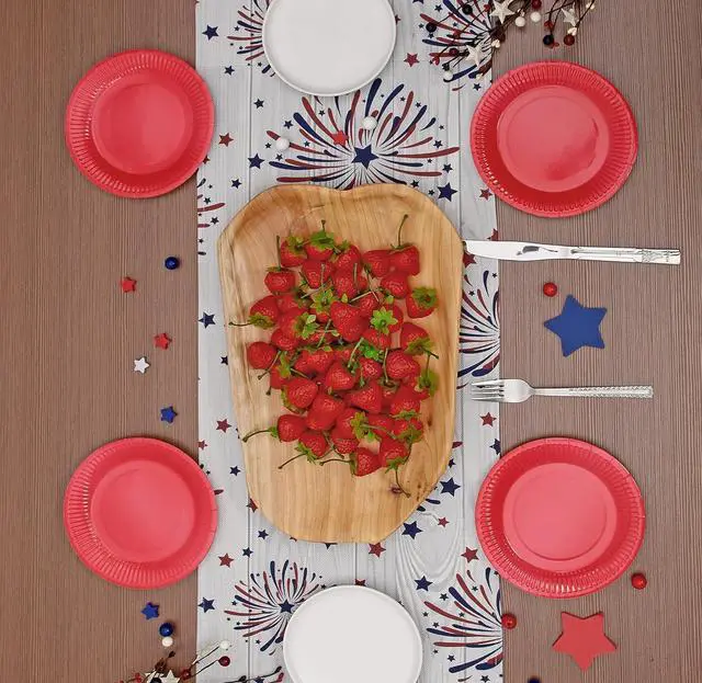 Alt view image 4 of 6 - Fireworks Table Runner 4th of July Patriotic Memorial Day Independence Day Holiday Kitchen Dining Table Decoration,Holiday Burlap Table Cover, 13 x 70 Inch, Americana Stars, Red, White, Blue.