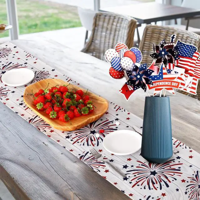 Alt view image 5 of 6 - Fireworks Table Runner 4th of July Patriotic Memorial Day Independence Day Holiday Kitchen Dining Table Decoration,Holiday Burlap Table Cover, 13 x 70 Inch, Americana Stars, Red, White, Blue.