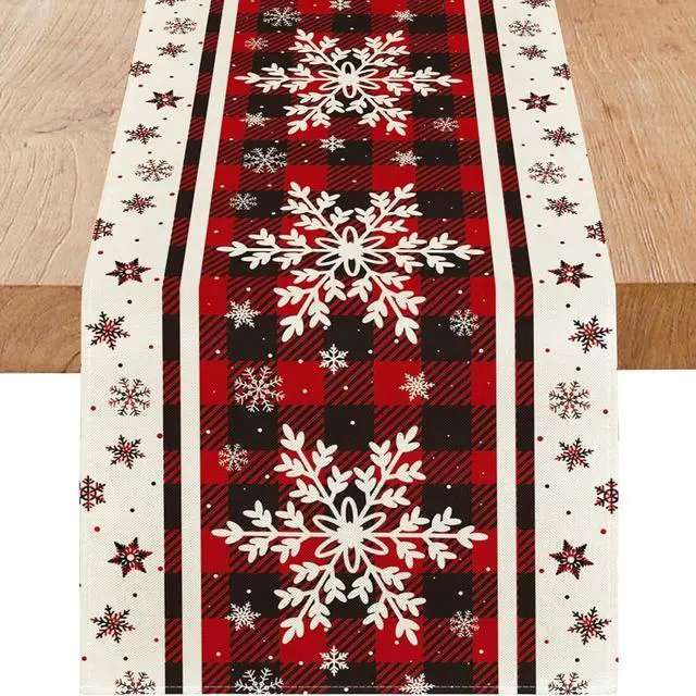 Main image of Christmas Decorations Snowflakes Christmas Table Runner with Buffalo Plaid | Christmas Decor | Red Winter Xmas Holiday Kitchen Dining Table Decoration for Indoor Outdoor Home Party Decor 13 x 72