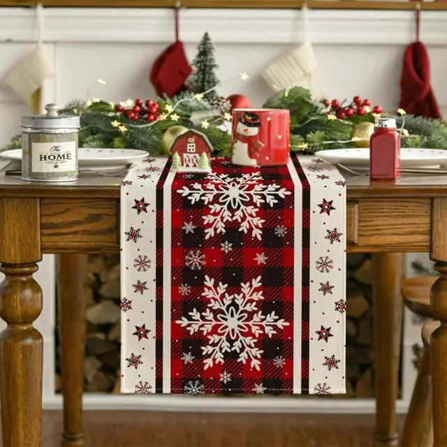 Alt view image 5 of 7 - Christmas Decorations Snowflakes Christmas Table Runner with Buffalo Plaid | Christmas Decor | Red Winter Xmas Holiday Kitchen Dining Table Decoration for Indoor Outdoor Home Party Decor 13 x 72