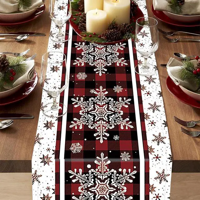 Alt view image 7 of 7 - Christmas Decorations Snowflakes Christmas Table Runner with Buffalo Plaid | Christmas Decor | Red Winter Xmas Holiday Kitchen Dining Table Decoration for Indoor Outdoor Home Party Decor 13 x 72