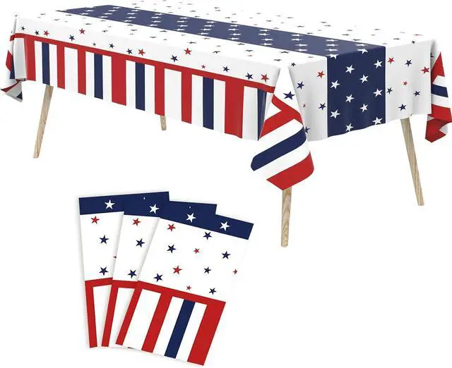 Main image of Tbsone Patriotic 4th of July Plastic Tablecloth, Rectangle, 3 Pack | Disposable, Red White and Blue, USA Party Decorations, Independence Day Supplies, Picnic, Camping, Memorial
