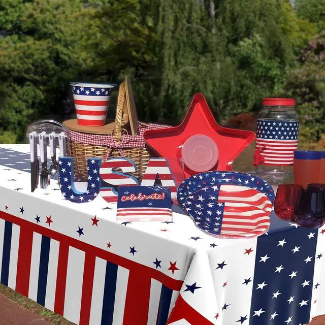 Alt view image 5 of 7 - Tbsone Patriotic 4th of July Plastic Tablecloth, Rectangle, 3 Pack | Disposable, Red White and Blue, USA Party Decorations, Independence Day Supplies, Picnic, Camping, Memorial