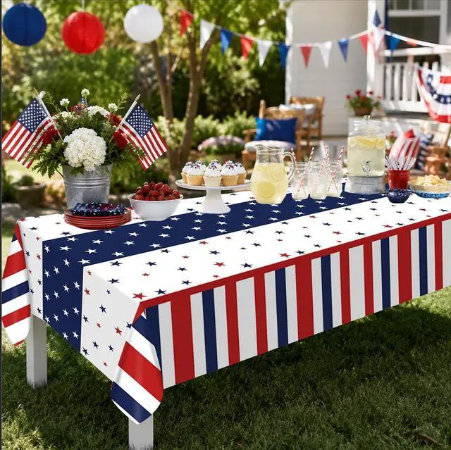 Alt view image 6 of 7 - Tbsone Patriotic 4th of July Plastic Tablecloth, Rectangle, 3 Pack | Disposable, Red White and Blue, USA Party Decorations, Independence Day Supplies, Picnic, Camping, Memorial