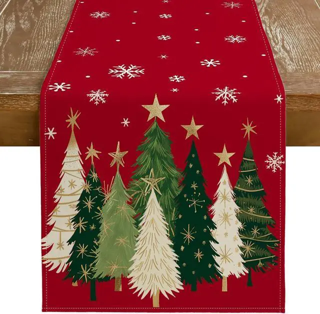 Main image of GEEORY Christmas Table Runner 13x72 Inch, Snowflakes Trees Winter Decor | Holiday Party Decorative Farmhouse Table Decorations, Kitchen Dinning, Indoor Outdoor (Red)