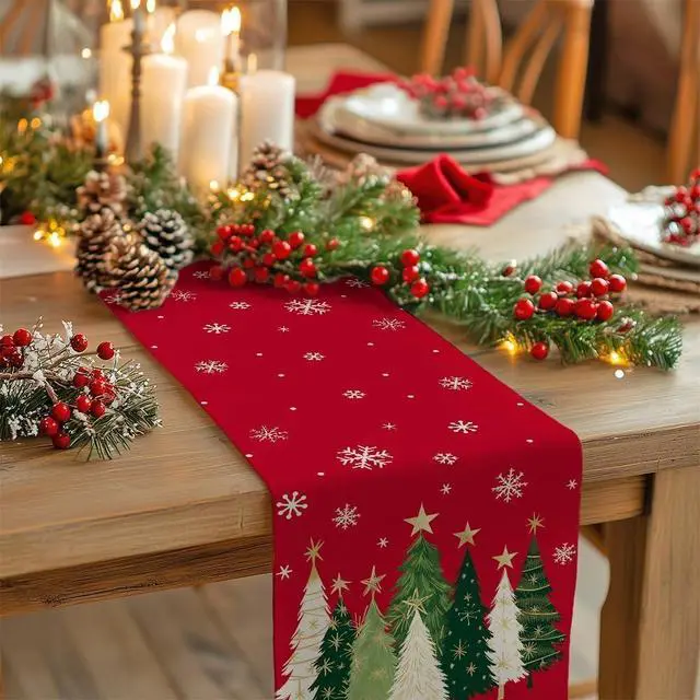 Alt view image 2 of 7 - GEEORY Christmas Table Runner 13x72 Inch, Snowflakes Trees Winter Decor | Holiday Party Decorative Farmhouse Table Decorations, Kitchen Dinning, Indoor Outdoor (Red)