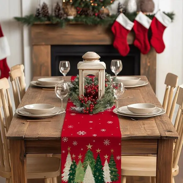 Alt view image 3 of 7 - GEEORY Christmas Table Runner 13x72 Inch, Snowflakes Trees Winter Decor | Holiday Party Decorative Farmhouse Table Decorations, Kitchen Dinning, Indoor Outdoor (Red)