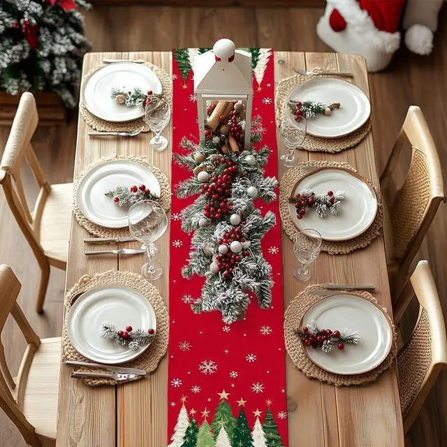 Alt view image 4 of 7 - GEEORY Christmas Table Runner 13x72 Inch, Snowflakes Trees Winter Decor | Holiday Party Decorative Farmhouse Table Decorations, Kitchen Dinning, Indoor Outdoor (Red)
